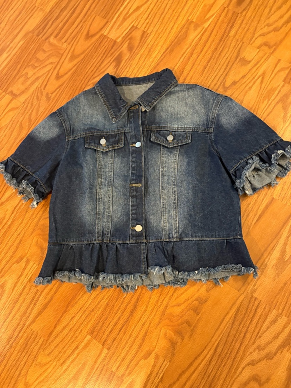Dark Blue Denim Jacket with Frayed Hem